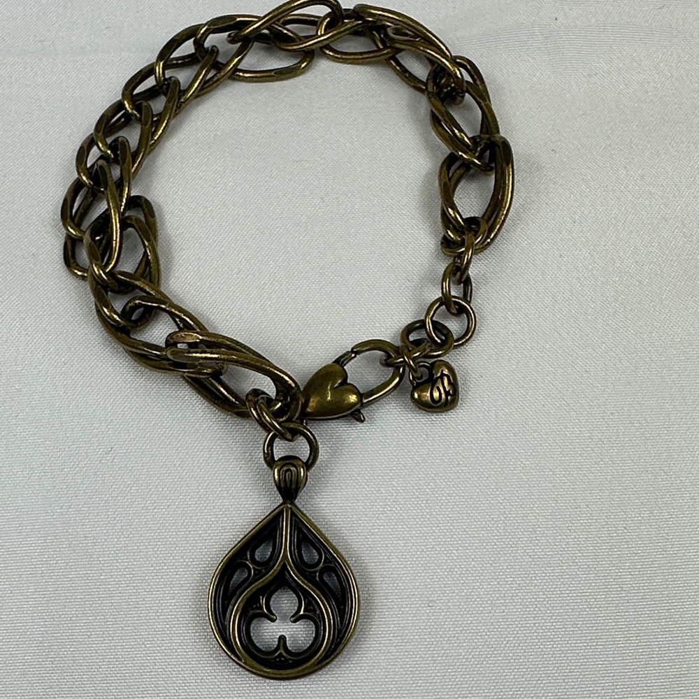 Brighton LORENZA LINK Bracelet Antiqued Brass Double Chain Pierced TeardropCharm